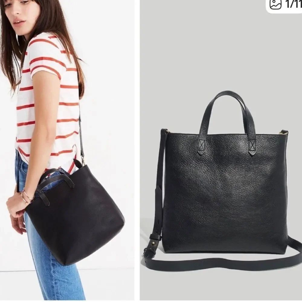 Madewell Black Leather Tote Bag with Strap missing original Crossbody strap